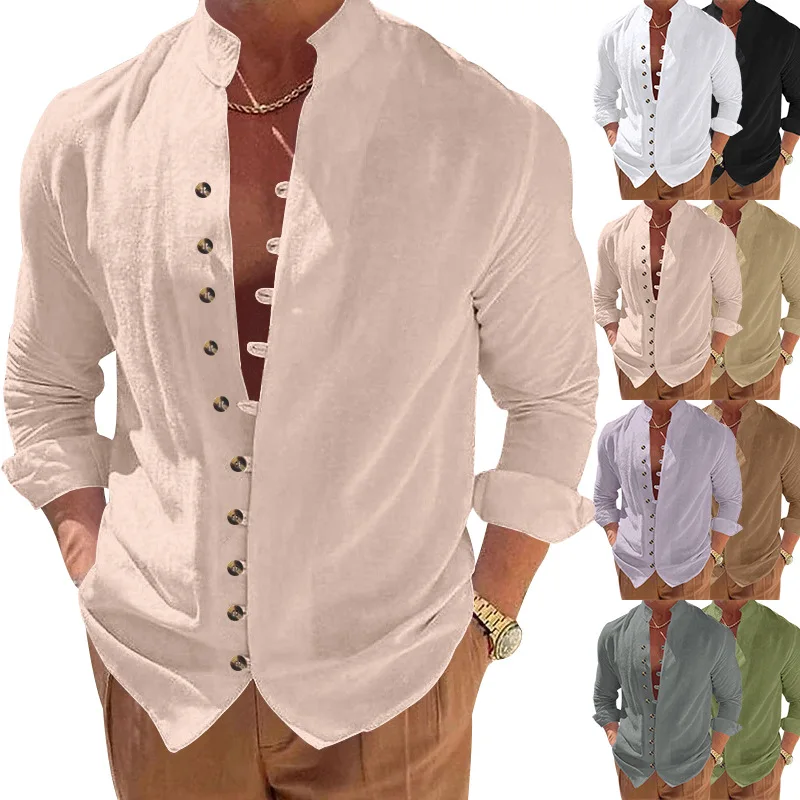 

Men's Cotton Linen Shirt Men's Casual Shirt Loose Fit Long Sleeve Vintage Retro Button Down Shirt Hawaiian Beach Shirt