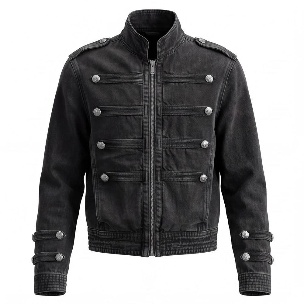 Men's Military Band Jacket Gothic Full Zip Up Stand Collar Button Trim Coat Punk Black Rock Epaulet Outerwear Streetwear Stage