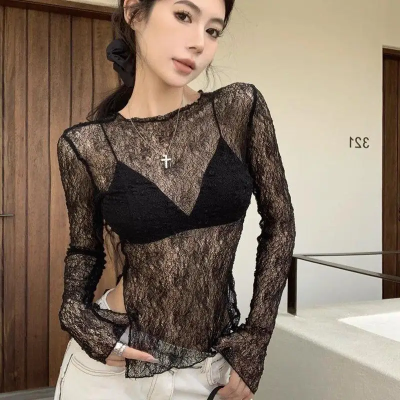 Yedinas Sexy See Through Lace T Shirt Women Clothes Slim Sheer Summer Tops Long Sleeve Y2k Tees Thin Korean Fashion Tshirts Chic