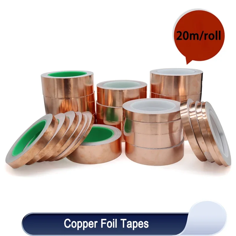 

20m/roll Copper Foil Tape Adhesive Conductive 5/6/8/10/15/20/25/30/35/40/45/50/60mm Single/Double Sided Electrical Repair Tapes