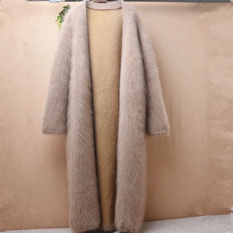 01 Female Women Fall Winter Thick Warm Hairy Mink Cashmere Knitted Long Sleeves Loose Long Sweater Angora Fur Cardigans Jacket