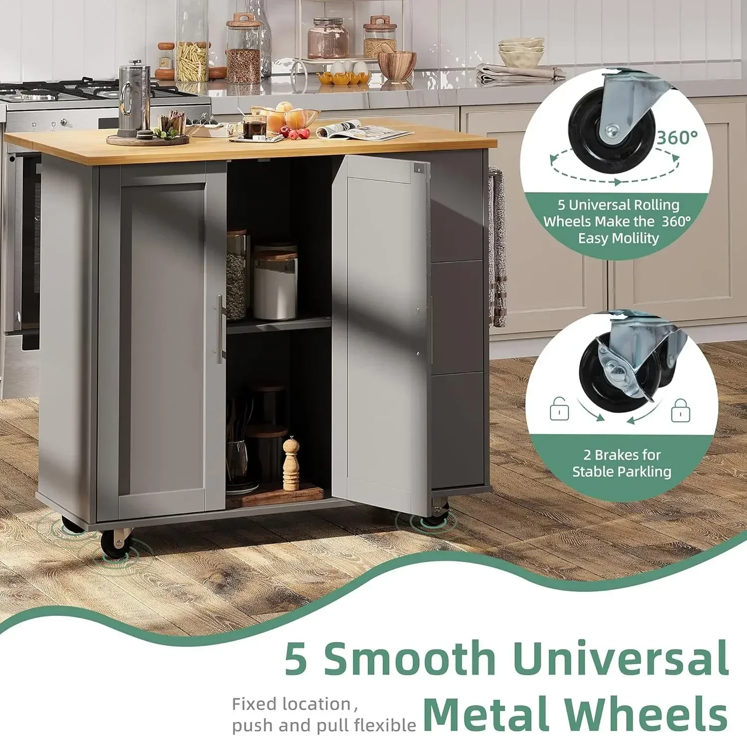 Shintenchi Rolling Kitchen Island Cart with Folding Drop Leaf Breakfast Bar, Portable Trolley Island with Large Storage Cabinet,