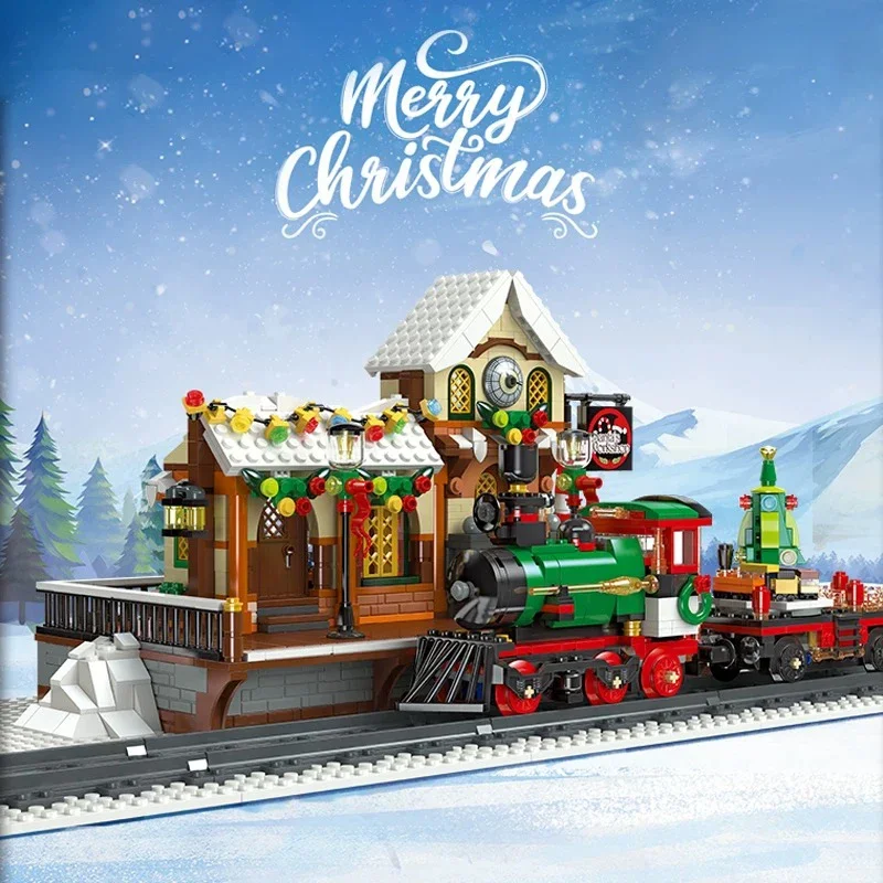 Street View Series Winter Train Station Building Block City Christmas Rail Train Model Bricks Toys For Kid Gift MOC With LED