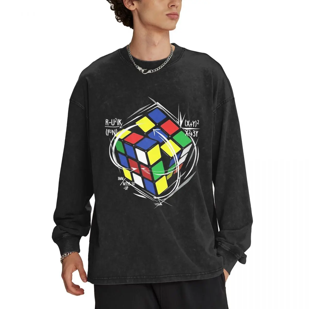 

Funny Rubic's Cube Men's Crew Neck Long-Sleeved T-Shirt Retro Washed Cotton Long Sleeve T Shirts Top Clothing for Man Black