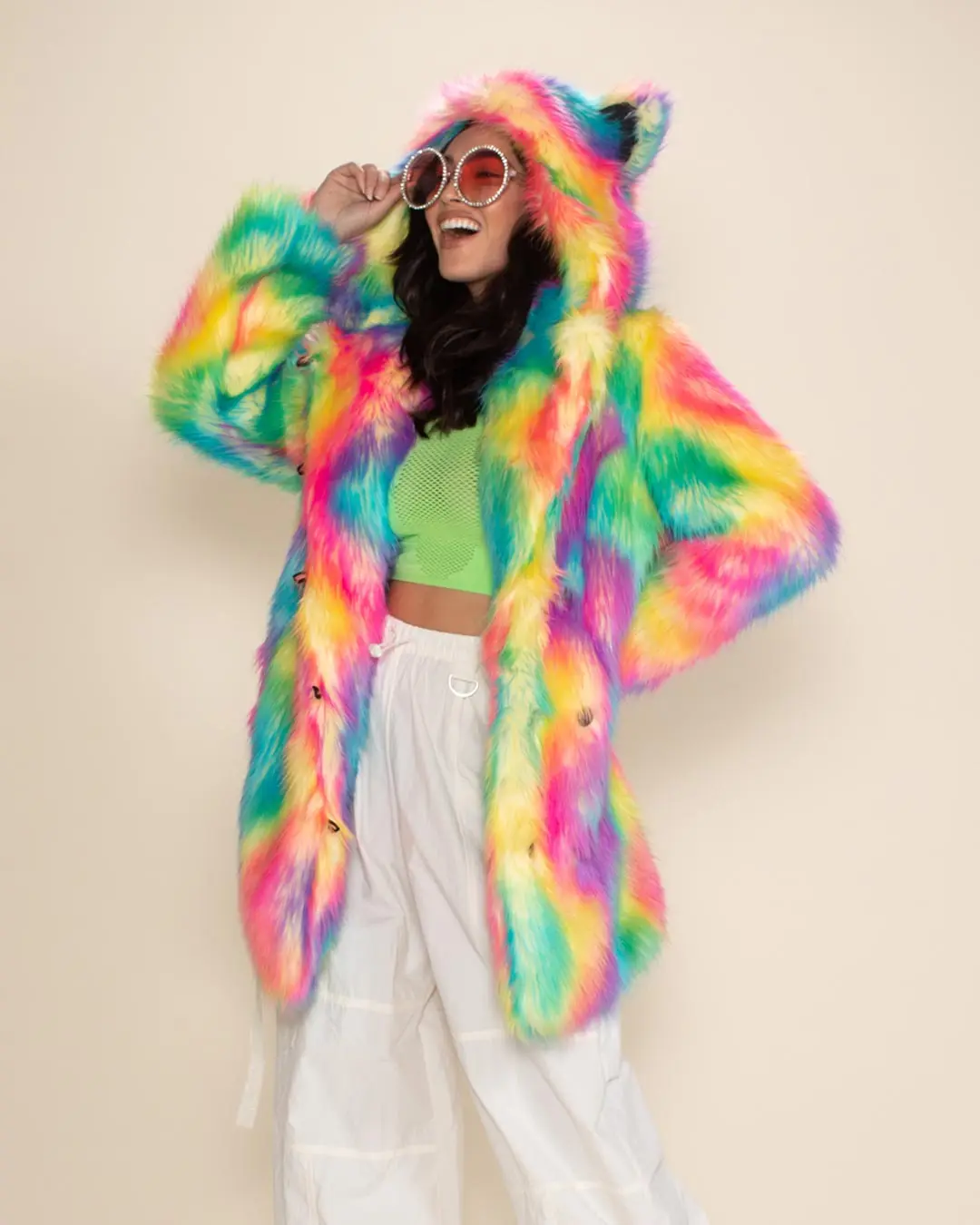 Colorful Faux Fox Fur Hooded Fluffy Teddy Ear Coat For Women Jackets Outwear Long Sleeve Warm Winter Coats Street Casual Coats