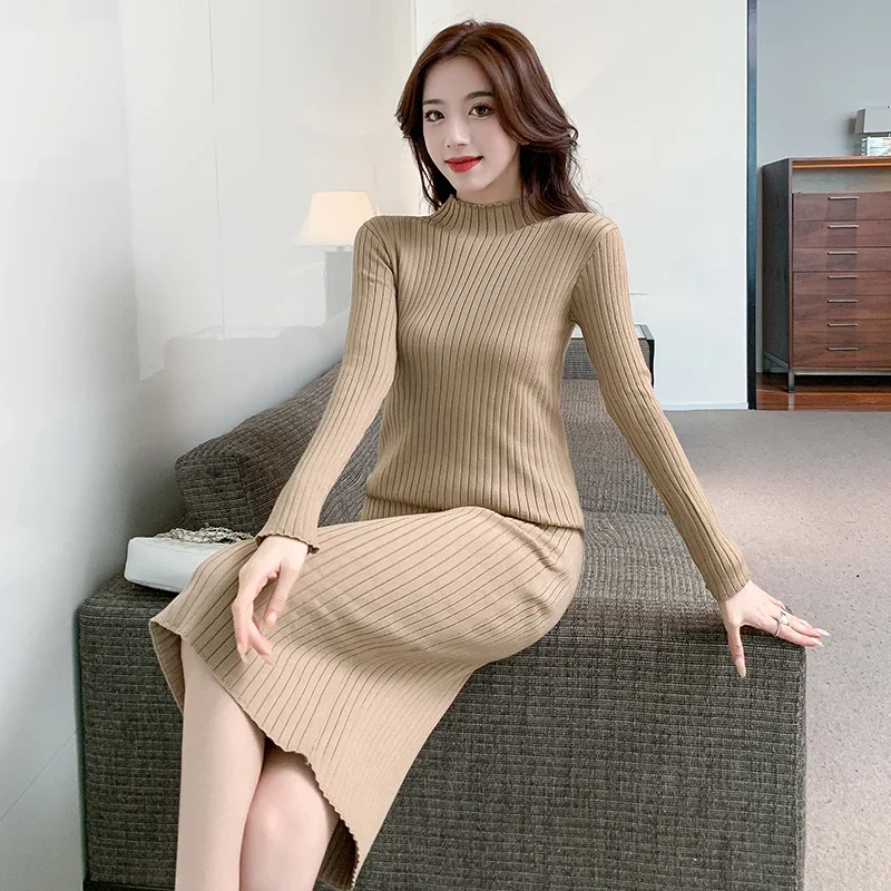 

Autumn Winter Knitted Sweater Dress for Women 2021 Khaki Long Sleeve Bodycon Knee-length Dress Casual Half High Collar Dresses