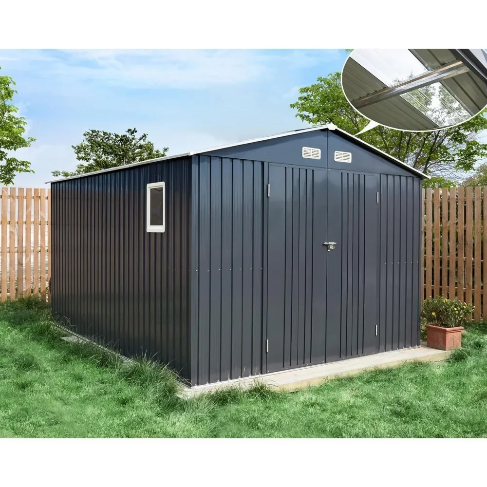 

10x12x7.5 FT Outdoor Storage Shed, Galvanized Steel Metal Garden Sheds with 2 Light Transmitting Window and Double Lockable Door