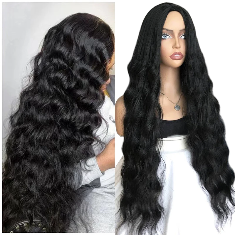 

30inch Long Black Layered Synthetic Hair Wig For Women Middle Part Natural Deep Wavy Heat Resistant Fake Hair Cosplay Party Wigs