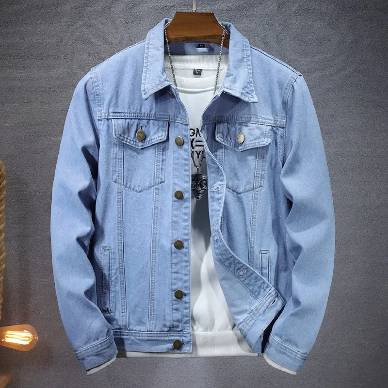2025 New Men Pure Colour Denim Jacket Single-breasted Lapel Daily Casual Simple Coats