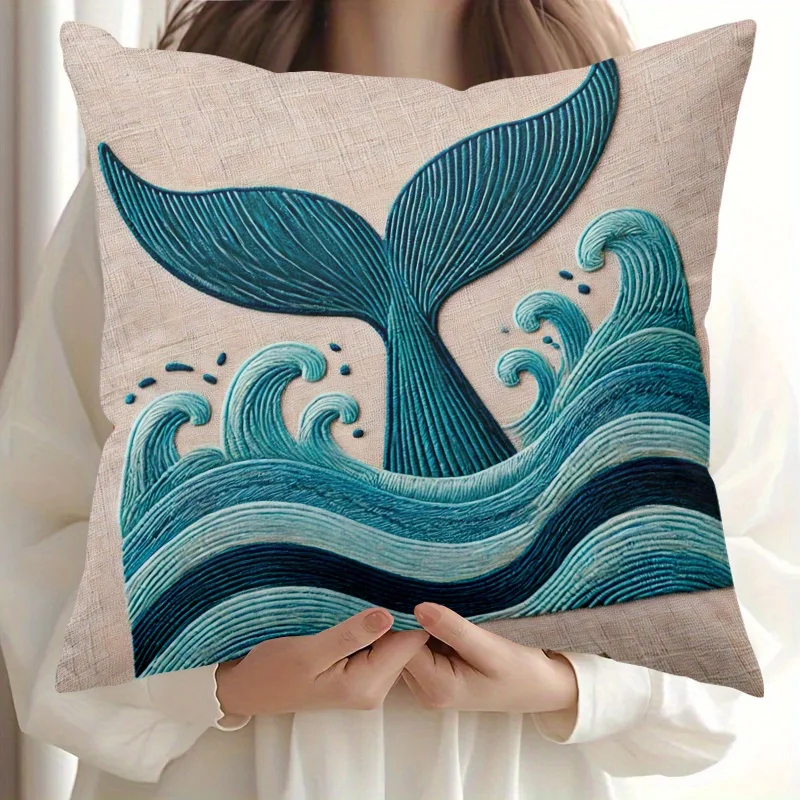 Double Sided Whale Tail and Ocean Waves Design Soft Throw Pillow Cover for Bed Sofa and Lounge Chair Home Decoration