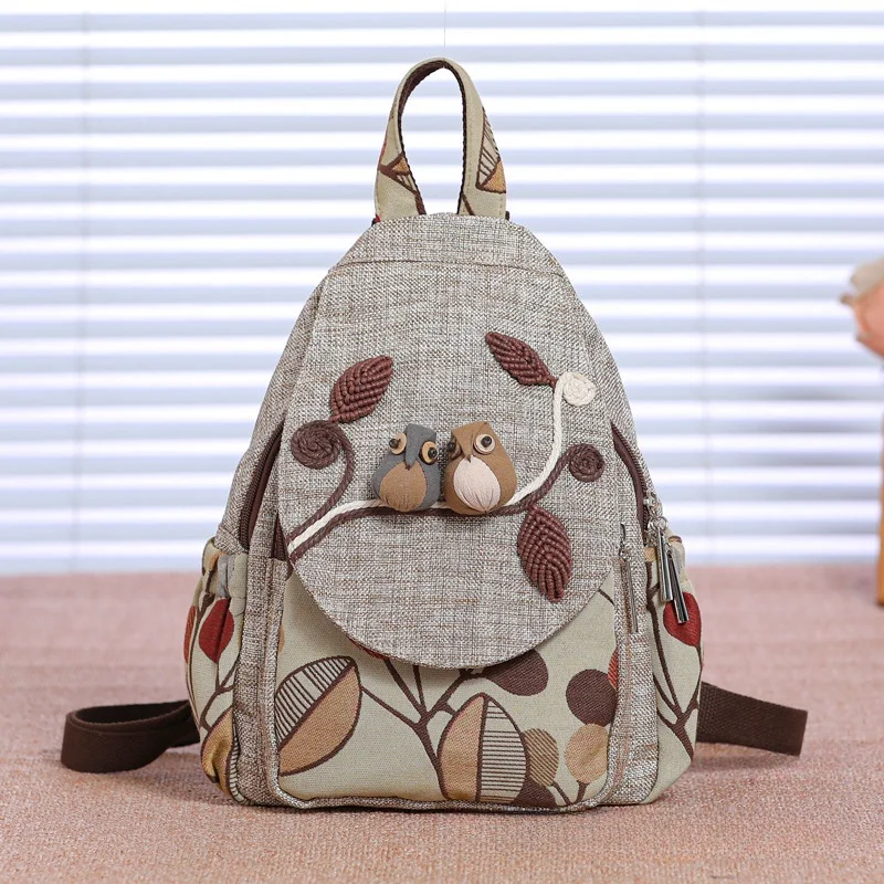 Fashion Knitted Embroidery Birds Women's Backpack High Quality Linen Female Shoulders Bag Pretty Style Girls Cartoon Backpacks