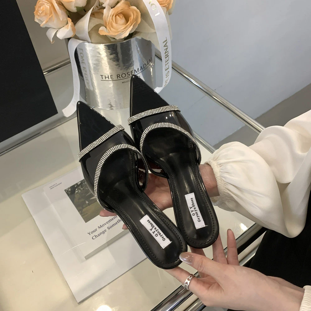 Women's Rhinestone Clear Pointed Open Peep Toe Stiletto Heel Slide Sandals Slip-On Transparent Sexy Dress High Heels Mules