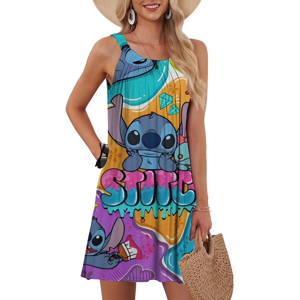

2025 Women's Dress Summer Casual T-shirt Dress Beach Cover Disney Lilo&amp Stitch Pleated Camisole Backless Dress