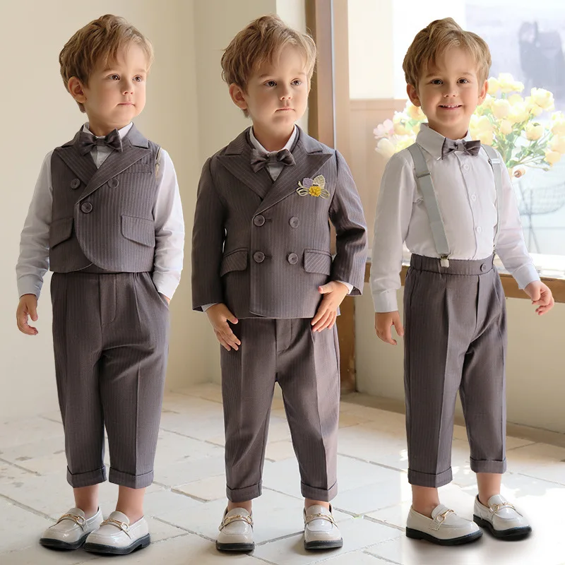 Kids British Style Formal Striped Suit Set Flower Boys Wedding Dress Children's Piano Host Speech Performance Costume