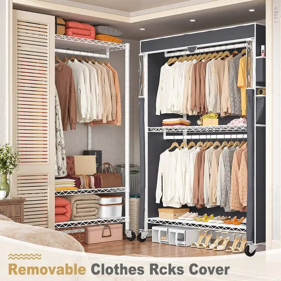 440 Lb Capacity Heavy Duty Rolling Wardrobe With Visible Window & Adjustable Shelves , 81' Height Coat Rack With Double Rod, Whi
