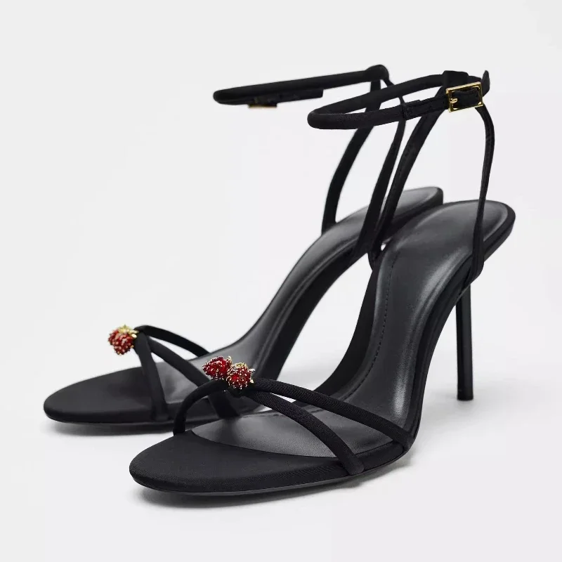 الفاخرة كريستال الفراولة تزيين صنادل عالية الكعب المرأة مثير المفتوحة تو عبر حزام أحذية مصممين أنيقة مأدبة فستان الأحذية