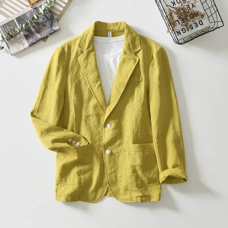 

T75 Spring and autumn solid color slim fit casual business breathable top cotton linen suit high quality jacket