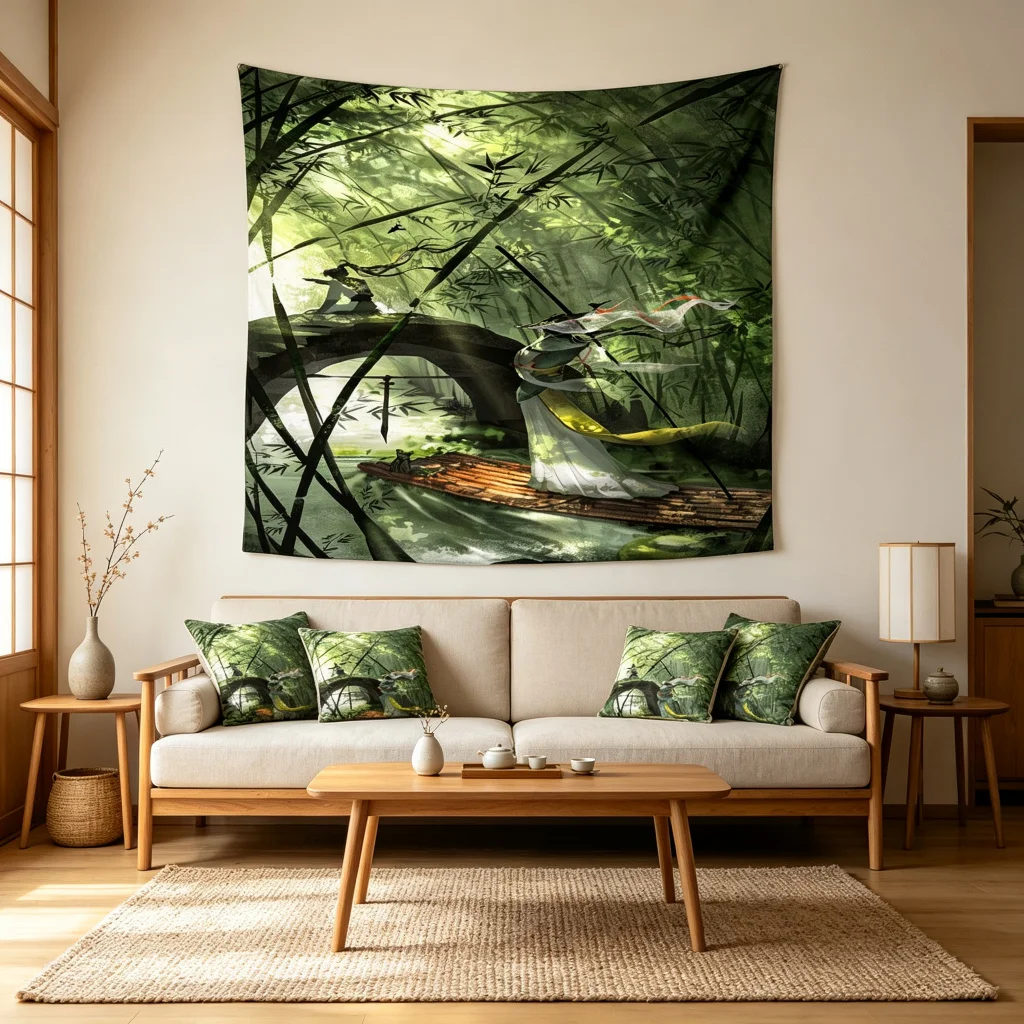 1PC Bamboo Forest Bridge Art Print Backdrop Banner, Bedroom Living Room Photo Background, Polyester, Home Decor, Wall Art