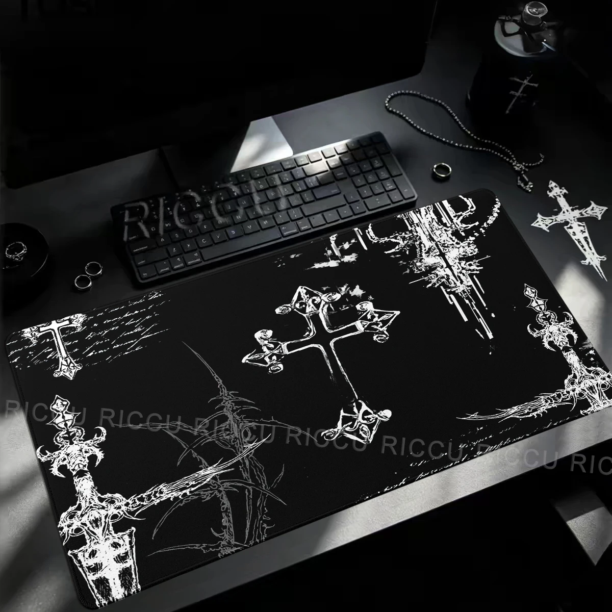Black White Office Desk Mat Dark Cybersigilism Gothic Cross Sword Large Mouse Pad Retro Subcultural Mousepad Gaming Accessories
