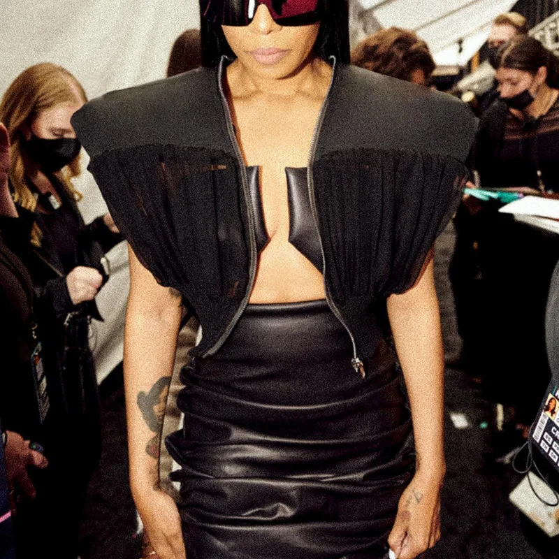 

K22TP261 2025 Summer New Solid Color Zipper Cardigan Splicing Mesh Blouse T-shirt Top