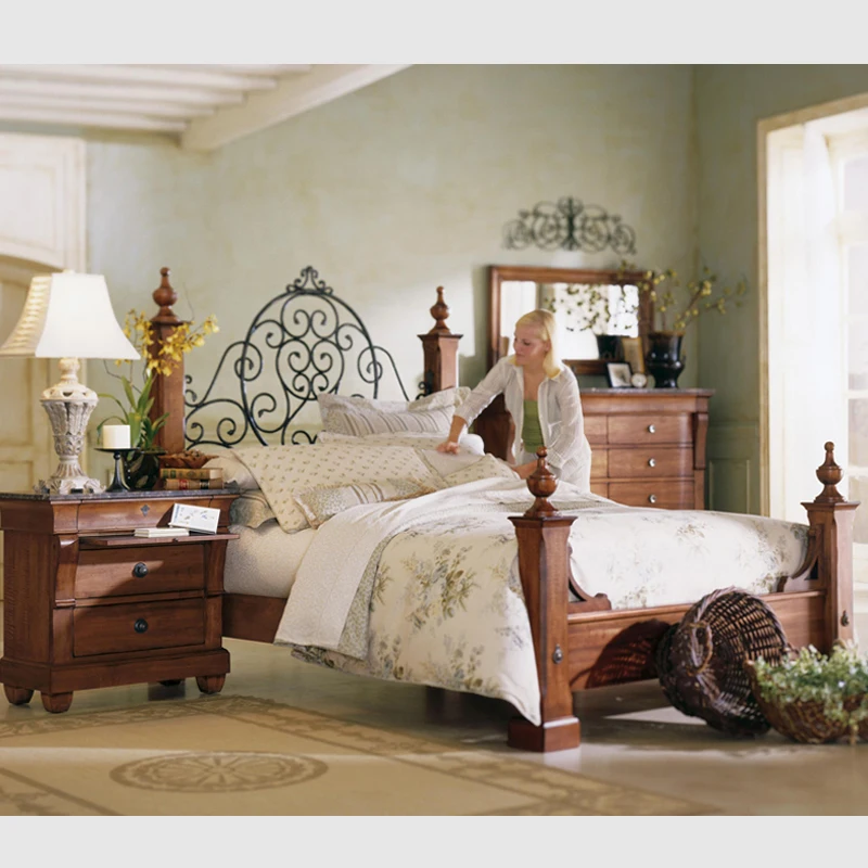 

American Country Iron Wood Bed North American Black Walnut Master Bedding Double Bed Raw Wood Iron Frame Bed