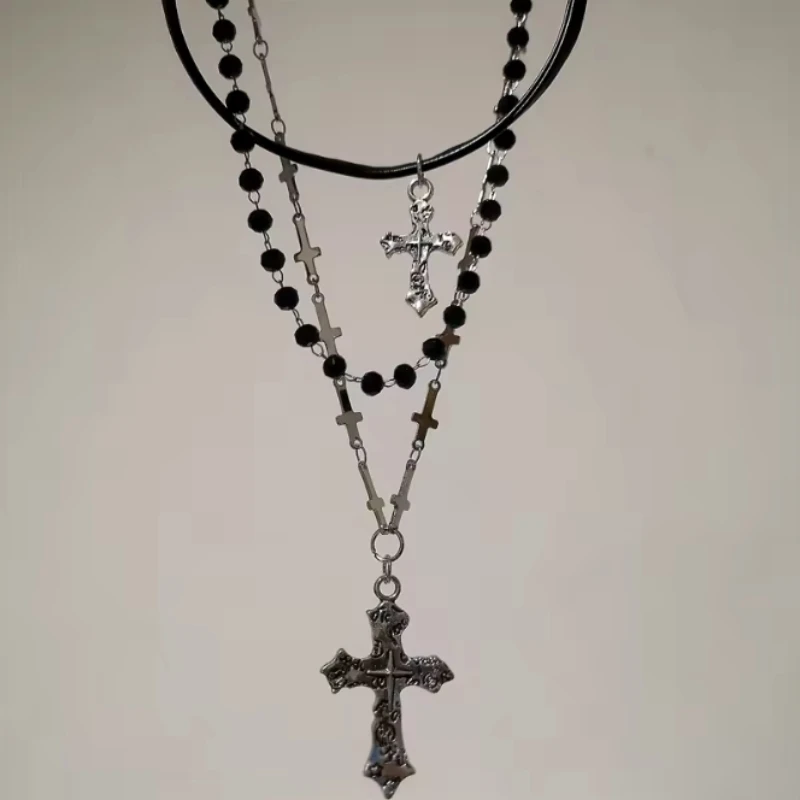Gothic Punk Style Y2k Bead Cross Pendant Necklace, 3 Pieces/set, Women's Multi-layer Retro Trendy Accessory Jewelry