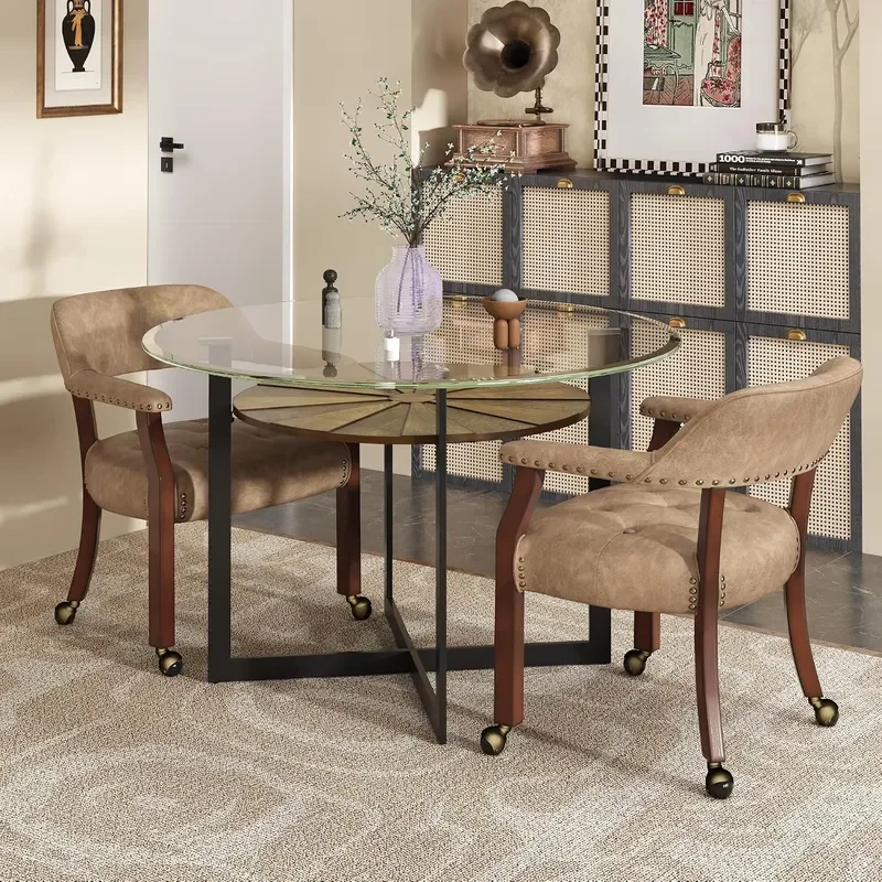 Large Dining Chair with Wheels and Arm set of 2 Office Chairs with Button Upholstered Caster Boss Captains Chairs with Wood