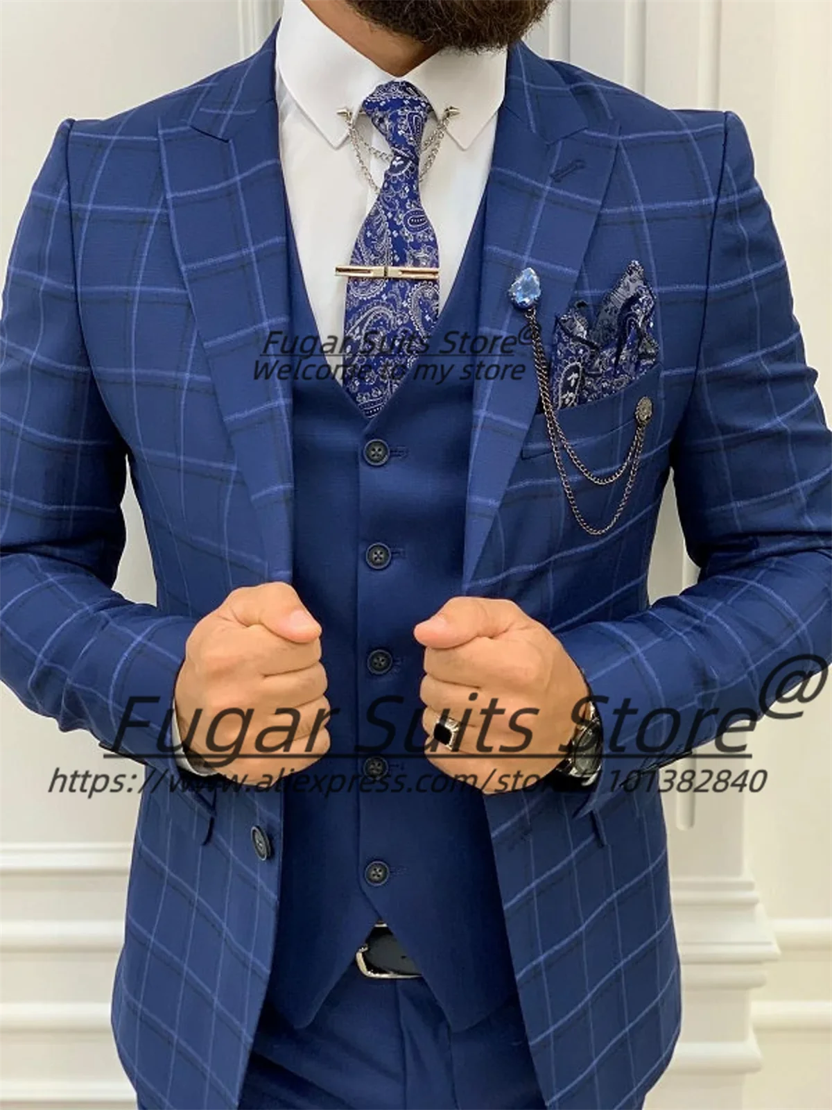 Business Navy Blue Plaid Men Suits Peak Lapel Groom Formal Tuxedos 3 Pieces Sets Office Work Male Blazers Slim Fit Costume Homme