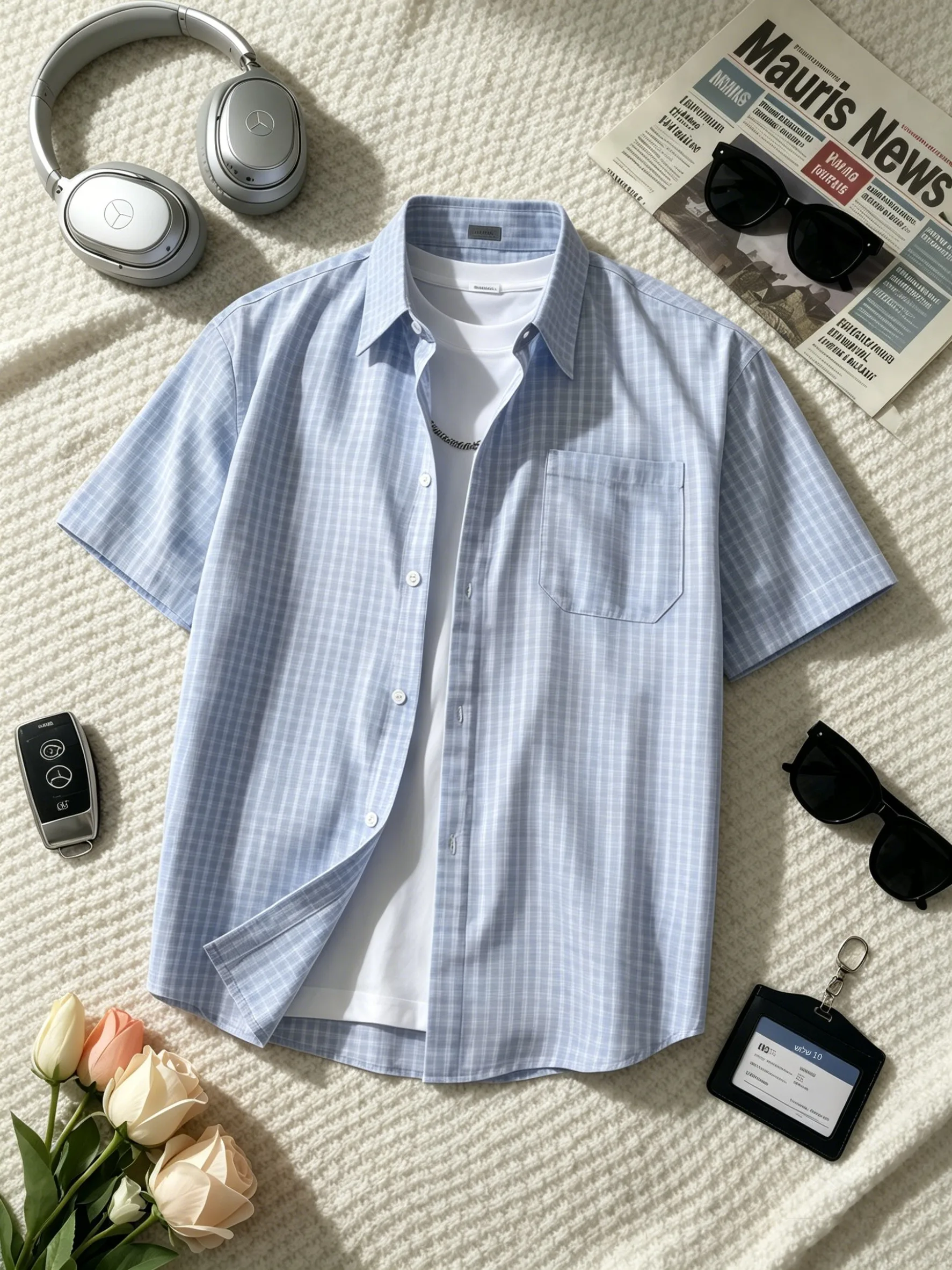 

Light Blue Plaid Short Sleeve Men's Shirt CleanFit Shoulder Summer Casual Style Loose Fit Youthful Trend Patch Pocket Design