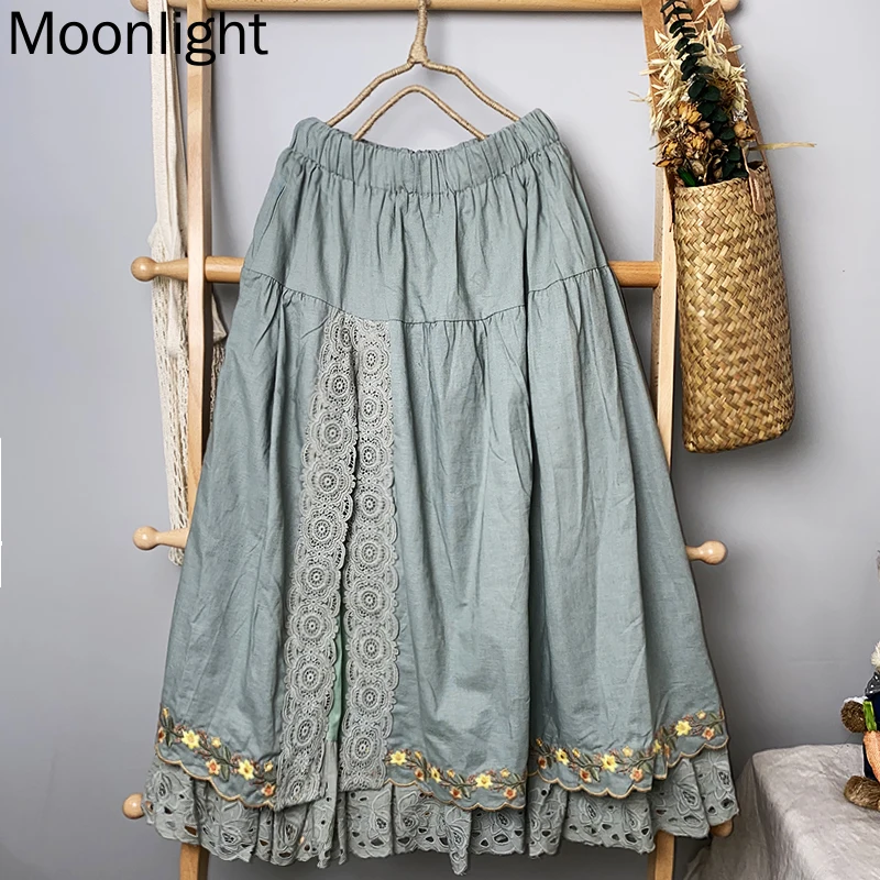 Vintage Embroidery Flower Mori Girl Cotton Linen Skirts Women Japanese Style Ruffled Pleated Lace Double Layer A-line Midi Skirt