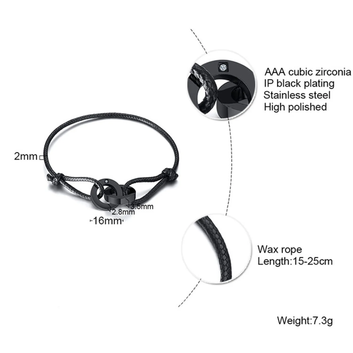 Interlocked Circle Charm Bracelet for Men Women,Adjustable Length Wax Rope Wristband,Casual Couple Gift