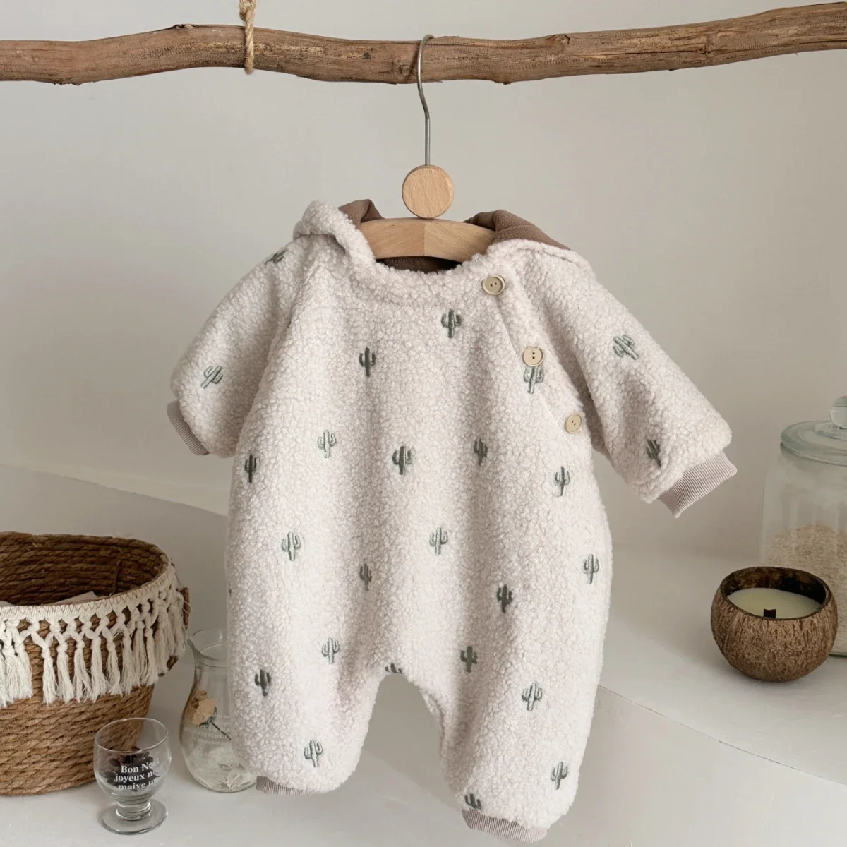 Winter Newborn Infant Baby Romper Cactus Embroidery Button Up Front Rompers Kids Onepiece Soft Fashion Baby Clothing