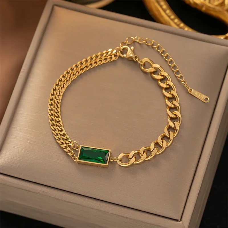 316l Stainless Steel Gold Color Chain Necklace Bracelet Earrings Rectangular Green Crystal Luxury Designer Wedding Jewelry Sets