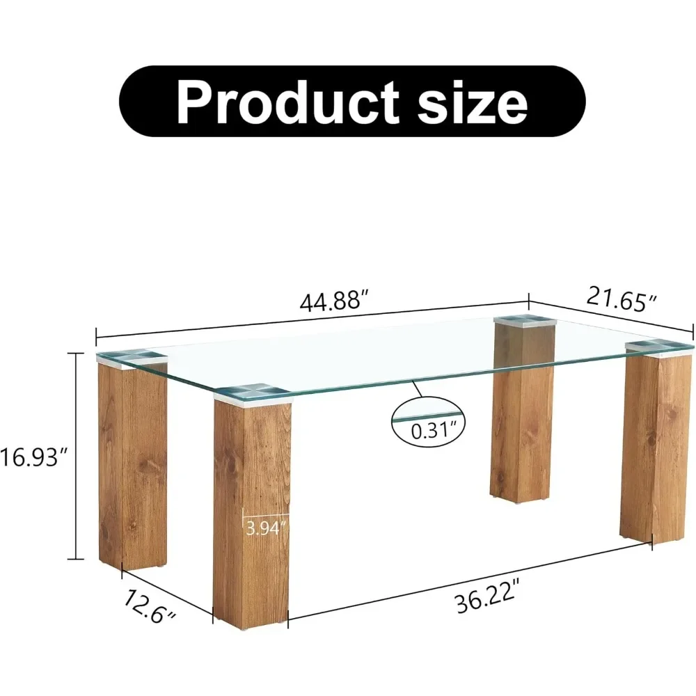 Madeira e vidro mesa de café superior, retângulo mesa de chá com madeira perna, accent mesa de chá para sala de estar, moderno, 44"