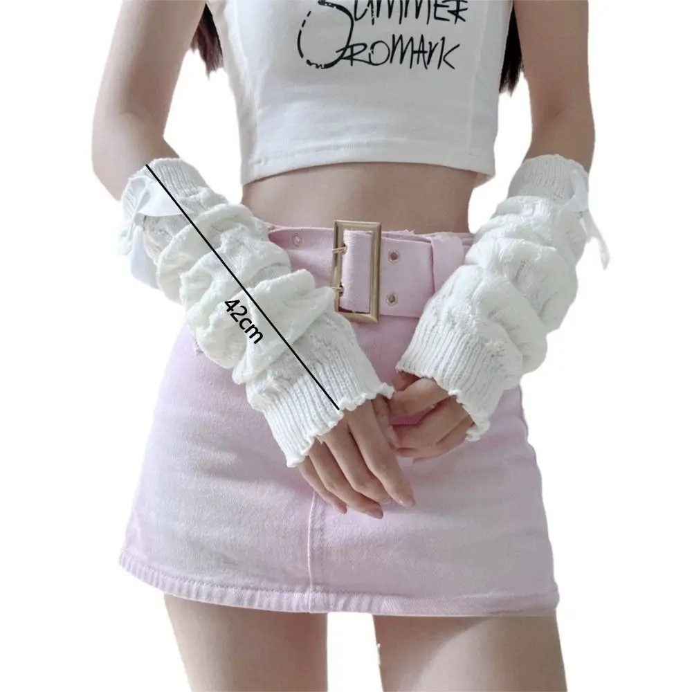 New Long Arm Warmer Gloves Knitted Cold Proof Warm Arm Sleeve Cute Bow Fingerless Gloves Autumn Winter