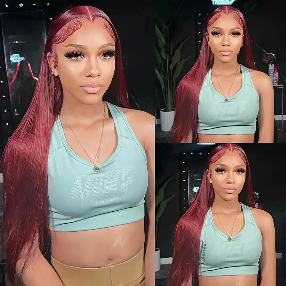 13 × 4 باروكات أمامية من الدانتيل الشفاف للنساء 99J قبل قطعها 220% كثافة بورجوندي مستقيم النبيذ الأحمر الدانتيل شعر مستعار أمامي شعر الإنسان