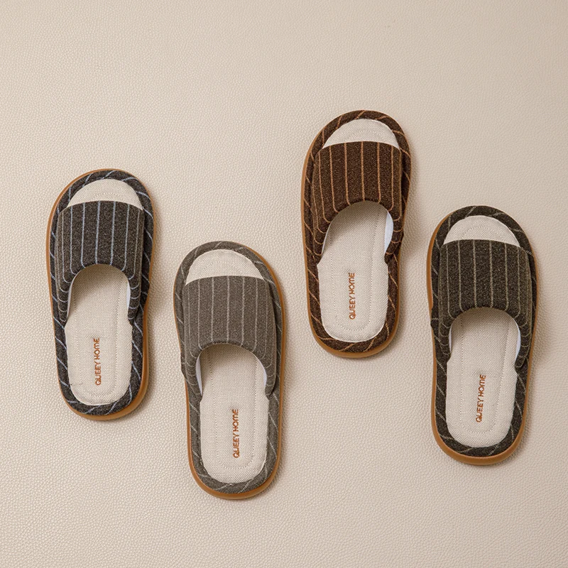 Comfortable Striped Couple Cotton Slippers Bedroom Four Seasons Japanese Style  Floor Shoes Men Women image 3