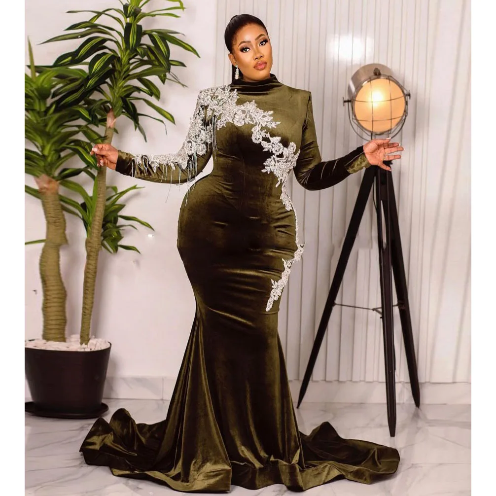 Pretty Beaded Evening Dresses Velour Asoebi Style Formal Party Gowns African Wedding Guest Dress with Sleeves Tassel