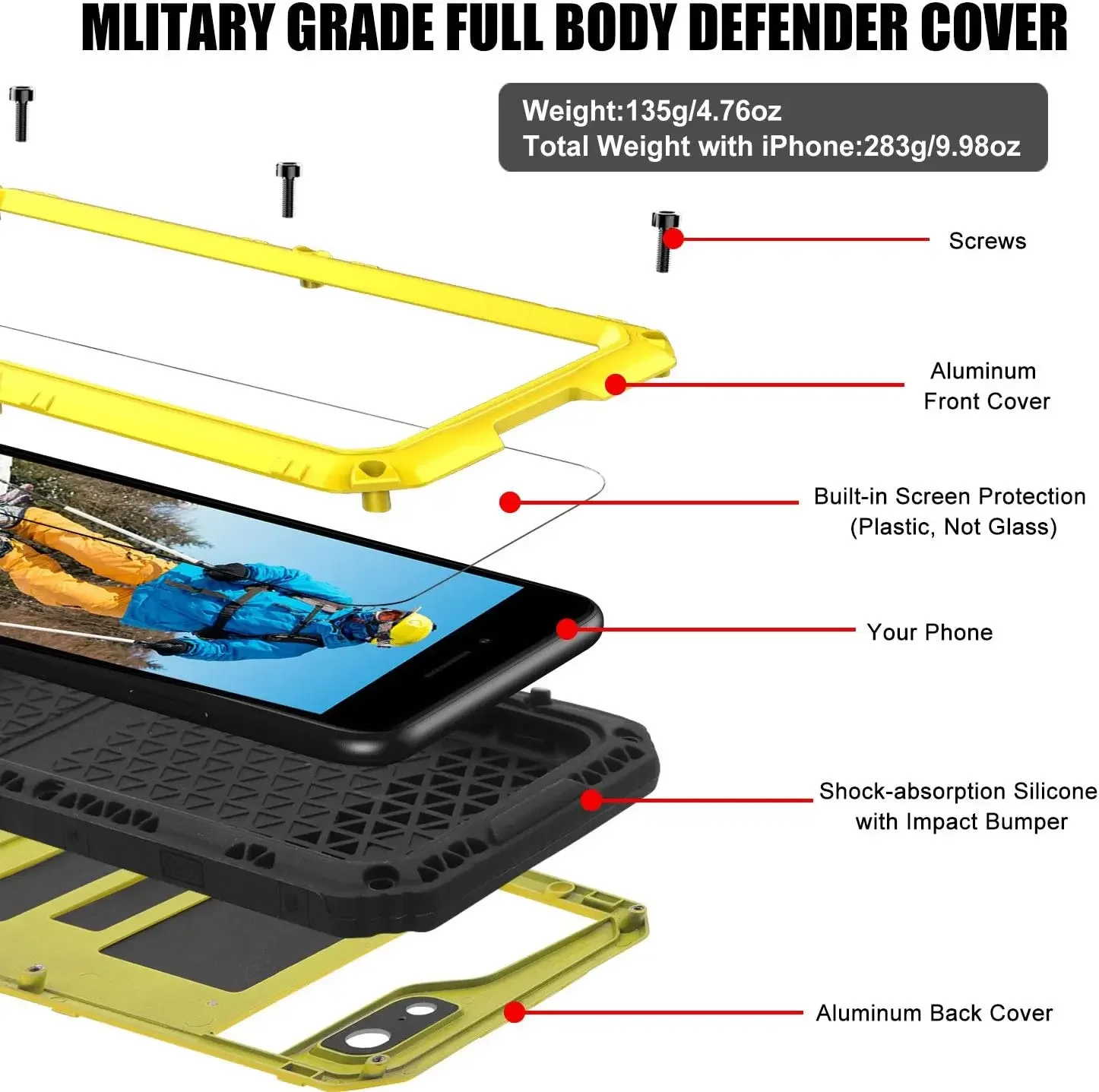 For iPhone X XS Max XR 8 7 Plus IP68 Waterproof Aluminum Metal Case Heavy Duty Military Armor Shockproof Cover Screen Protector