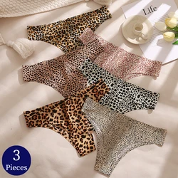 BZEL 3PCS/Set Women's Panties Fashion Leopard Bikini Sexy Thongs Seamless Underwear Silk Satin Lingerie Sports Fitness G-Strings