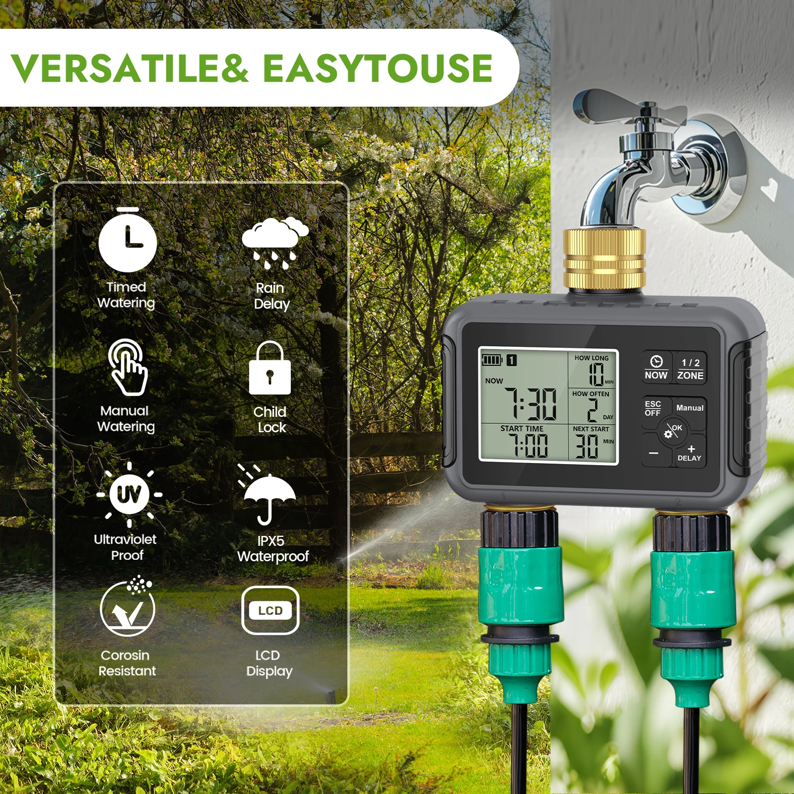 Insoma 2‑Zone Automatic Water Timer IPX5 Waterproof Brass Fitting Garden Hose Irrigation Controller Rain Delay Water‑Saving