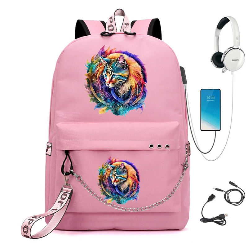 Mochila de gato aquarela para meninas, Bagpack USB, Mochila de estudante grande, Sacos de estudante do ensino médio, Moda