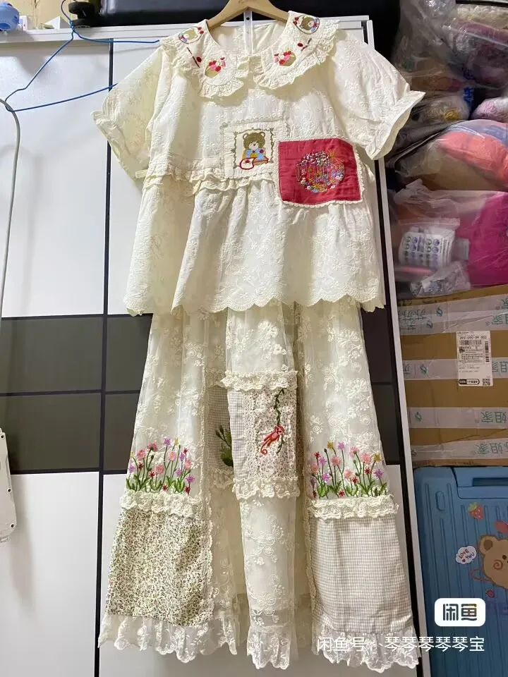 

Летняя женская блузка с коротким рукавом из хлопка с кружевной вышивкой в стиле пэчворк, винтажная, в стиле Mori Girl, милая, кавайная, в стиле коттеджкор, лолита, топ-рубашка