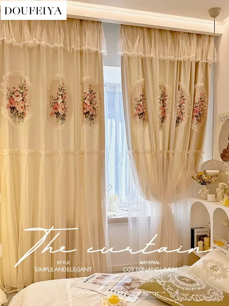 

French Romantic Cream Princess Luxury tulle Curtains for Living Room Bedroom Dining Lace European Embroidered Window Custom Size