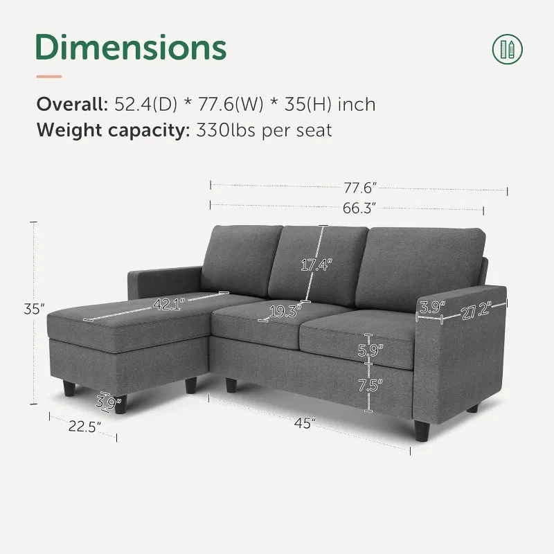 Convertible L Shaped Couch with Reversible Chaise, Sectional Couch for Small Space Apartment