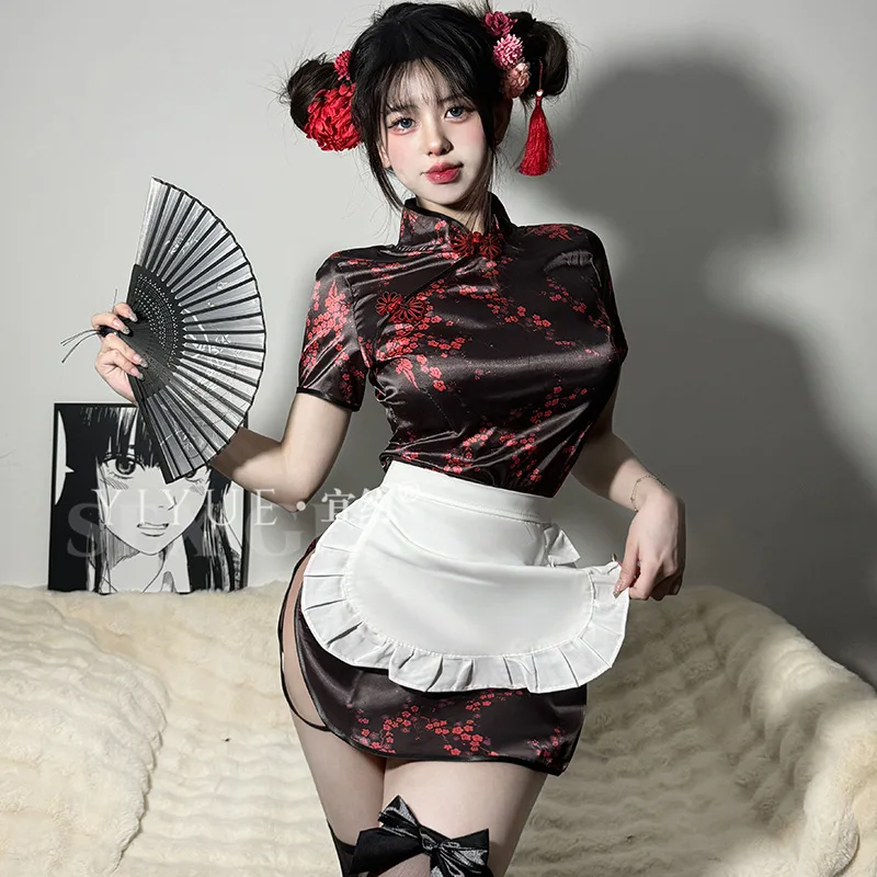 

Sexy Cheongsam Maid Cosplay Costume Women Japanese Lolita Maid Outfit Apron Dress Uniform Chinese Girls Roleplay Qipao Dress