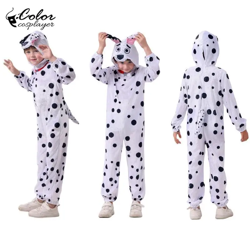 

Child Dalmatian Cosplay Jumpsuits Halloween Costume Animal with Tail Jumpsuit Cute Cartoon Bodysuit Party Dress Up Kid Clothes