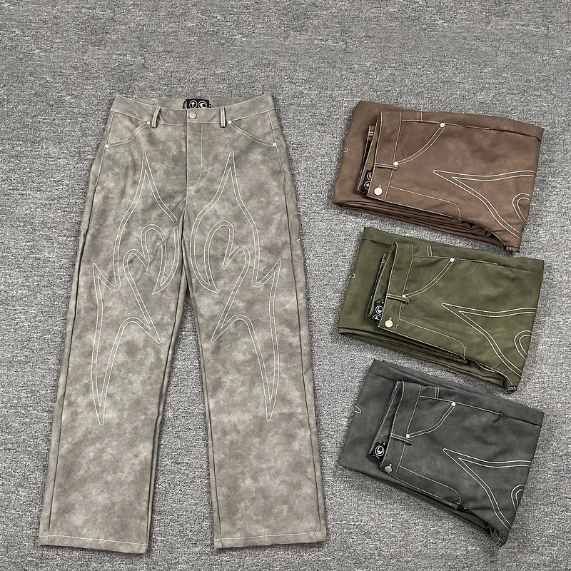 

Retro Faion Heavy Embroidery Suede Straight Leg Long Pants Casual Youthful Sle Autumn Winter Seasonal Faion Trendy Clot...