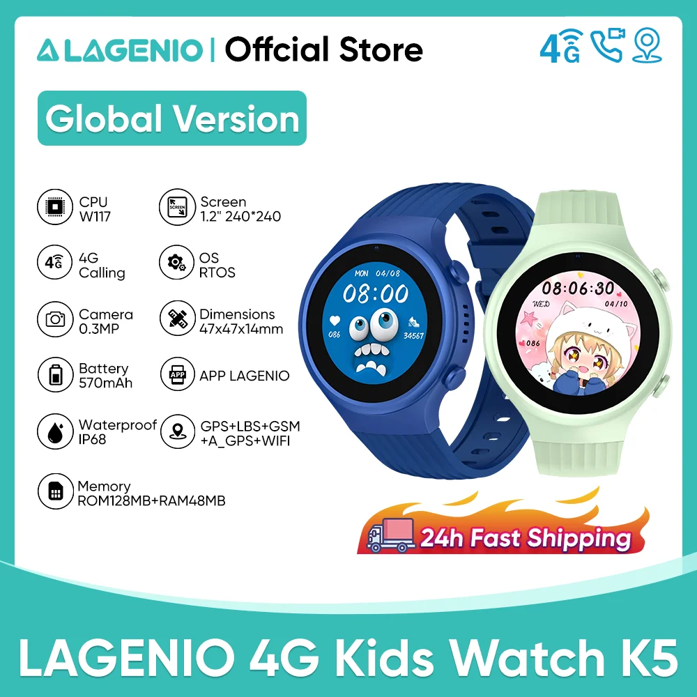 LAGENIO Kids 4G Смарт-часы SOS GPS Местоположение Видеозвонок SIM-карта Детские умные часы с камерой Водонепроницаемые обновленные часы для мальчиков и девочек