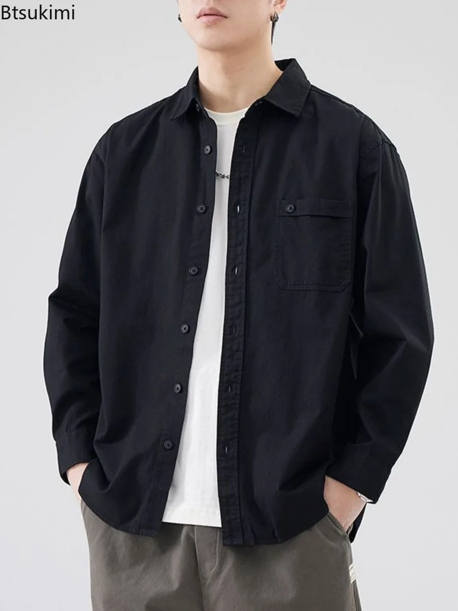

Рубашки с длинными рукавами в японском стиле, мужские винтажные повседневные рубашки из 100% хлопка, весенне-осенние простые рубашки-куртки, уличная одежда в стиле Харадзюку